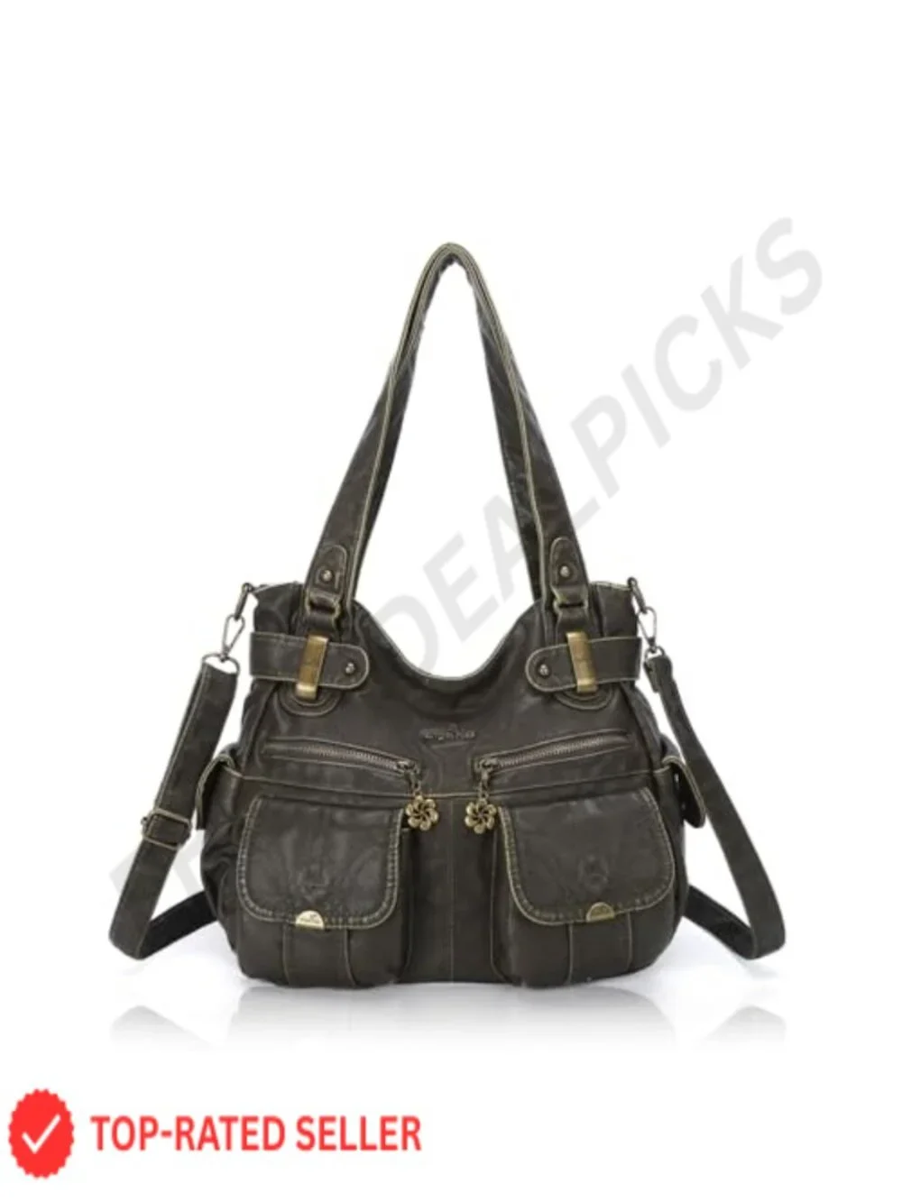 Large Washed PU Leather Hobo Tote Double Zipper Multi Pocket Shoulder Bag
